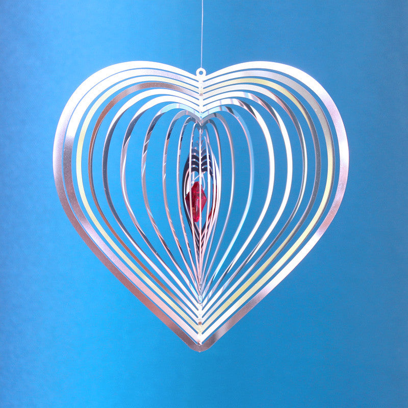 Windspiel Edelstahl - Spirale rotes Herz | mit facettiertem Glasherz